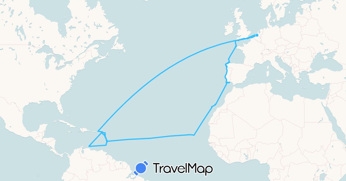 TravelMap itinerary: driving, boat in Antigua and Barbuda, Netherlands Antilles, Belgium, Saint Barthélemy, Cape Verde, Curaçao, Dominica, Spain, France, United Kingdom, Grenada, Guadeloupe, Saint Kitts and Nevis, Saint Lucia, Saint Martin, Martinique, Montserrat, Netherlands, Portugal, United States, Saint Vincent and the Grenadines (Africa, Europe, North America, South America)
